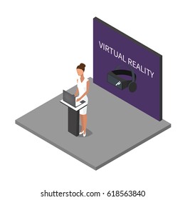 Isometric Exhibition Stands Or Trade Show. Business Woman Presenting A Virtual Reality. Vector 3d Illustration. Floor Stands Collection.