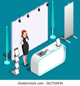 Isometric exhibition trade show booth stand women desk reception icon. Promotion roll up stand display panel. 3D Isometric People women icon set. Creative design stand vector shop illustration