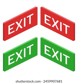 isometric exit red green wall sign set vector flat illustration