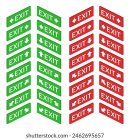 isometric exit red green wall arrow sign set vector flat illustration