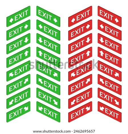 isometric exit red green wall arrow sign set vector flat illustration