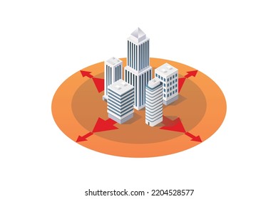 Isometric of expanded downtown district zone. City expand concept. vector illustration