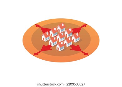 Isometric of expanded residential district zoning. City expand concept. vector illustration