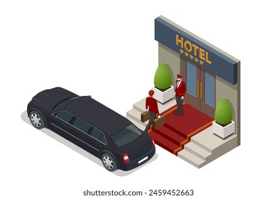 Isometric Expensive hotel entrance and limousine. Doorman standing in front of hotel entrance doors, Porter with Baggage. Online hotel booking. Luxury hotel building facade.