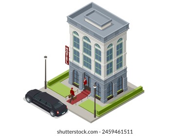 Isometric Expensive hotel entrance and taxi car. Doorman standing in front of hotel entrance doors, Porter with Baggage. Online hotel booking. Luxury hotel building facade.