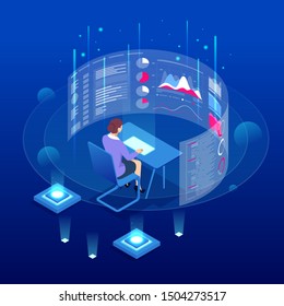 Isometric Expert in front of the Big Screen for Data Analysis or Business Statistic. Management, Consulting, and Audit.