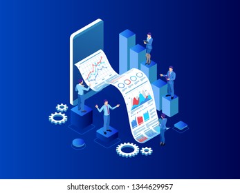 Isometric Expert team for Data Analysis, Business Statistic, Management, Consulting, Marketing. Landing page template concept.