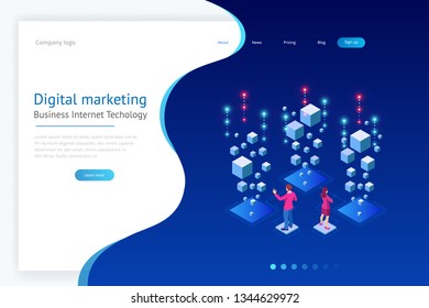 Isometric Expert team for Data Analysis, Business Statistic, Management, Consulting, Marketing. Landing page template concept.