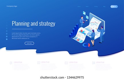 Isometric Expert team for Data Analysis, Business Statistic, Management, Consulting, Marketing. Landing page template concept.