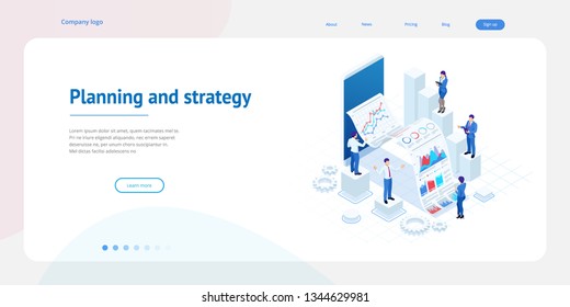 Isometric Expert team for Data Analysis, Business Statistic, Management, Consulting, Marketing. Landing page template concept.