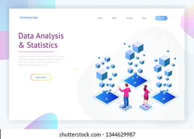 Isometric Expert team for Data Analysis, Business Statistic, Management, Consulting, Marketing. Landing page template concept.