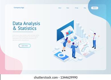 Isometric Expert team for Data Analysis, Business Statistic, Management, Consulting, Marketing. Landing page template concept.