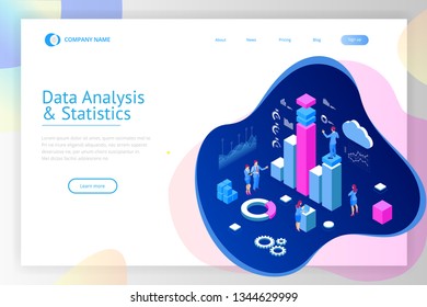 Isometric Expert team for Data Analysis, Business Statistic, Management, Consulting, Marketing. Landing page template concept.