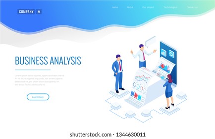 Isometric Expert team for Data Analysis, Business Statistic, Management, Consulting, Marketing. Landing page template concept.