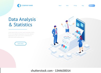 Isometric Expert team for Data Analysis, Business Statistic, Management, Consulting, Marketing. Landing page template concept.