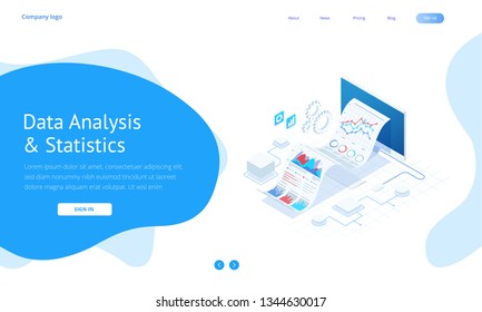 Isometric Expert team for Data Analysis, Business Statistic, Management, Consulting, Marketing. Landing page template concept.