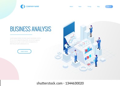 Isometric Expert team for Data Analysis, Business Statistic, Management, Consulting, Marketing. Landing page template concept.