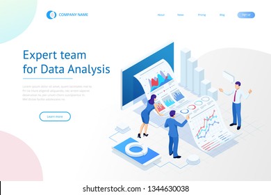 Isometric Expert team for Data Analysis, Business Statistic, Management, Consulting, Marketing. Landing page template concept.