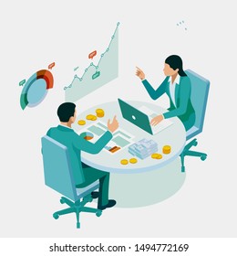 Isometric Expert team for Data Analysis, Business Statistic, Management, Consulting, Marketing, Financial administration, Audit, business statement concept.