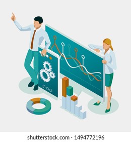 Isometric Expert team for Data Analysis, Business Statistic, Management, Consulting, Marketing, Financial administration, Audit, business statement concept.