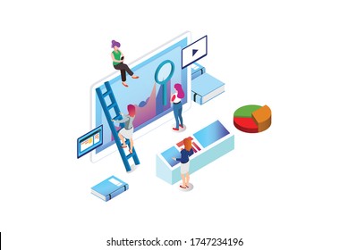 Isometric Expert team for Data Analysis, Business Statistic, Management, Consulting, Marketing. Landing page template concept. Suitable for Diagrams, Infographics, And other asset