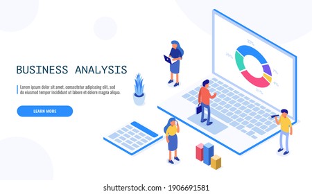 Isometric Expert team for Data Analysis, Business Statistic, Management, Consulting, Marketing. Landing page template concept.