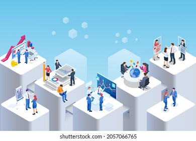 Isometric Expert team for Data Analysis, Business Statistic, Management, Consulting, Marketing. Communication and contemporary marketing. Corporate people working together