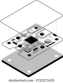 Vista isométrica explodida do projeto da placa-mãe do smartphone. Circuitos de chips e camadas eletrônicas para diagramas tecnológicos, esquemas de dispositivos, visuais de engenharia de hardware e ilustrações de montagem de dispositivos digitais.