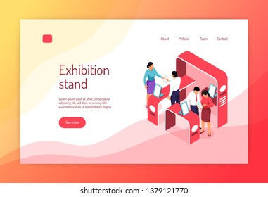 Isometric expo concept banner website page design with images of exhibit racks people and clickable links vector illustration