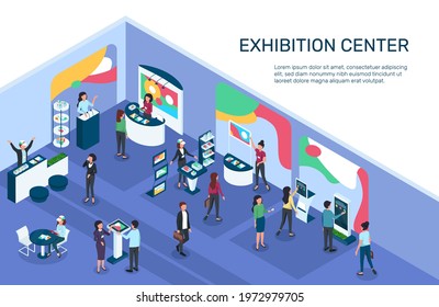 Isometric expo. Exhibition center with people, exhibit displays, stands, booths. Digital marketing, products promotion event 3d vector illustration. Retail store with showcase for advertisement