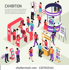 Isometric expo exhibition composition background with editable text description and colourful exhibit stands crowded with people vector illustration
