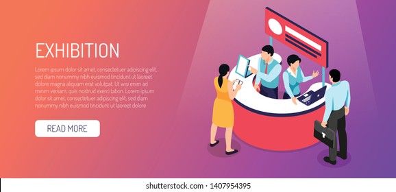 Isometric expo horizontal banner with read more button text and image of information booth with people vector illustration