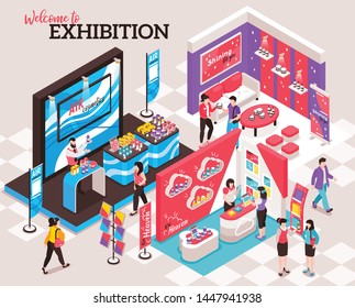 Isometric Expo Stand Composition With Ornate Text And View Of Exhibition Venue With Colourful Decorated Spots Vector Illustration