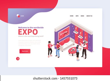 Isometric expo stand concept banner for web site landing page with exhibition booth design and links vector illustration