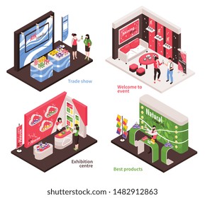 Isometric expo stand design concept with four different examples of exhibition booth design and decor elements vector illustration