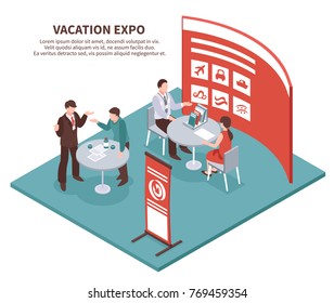 Isometric expo stand exhibition conceptual composition with editable description and images of exhibit booth for tour operator vector illustration