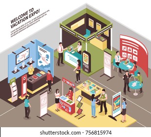 Isometric expo stand exhibition illustration with view of exhibit area with booth for different tour agencies vector illustration