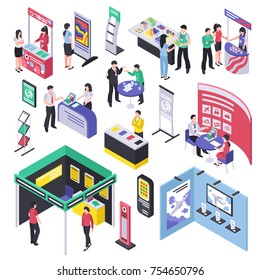 Isometric Expo Stand Trade Show Exhibition Set Of Isolated Exhibit Racks Stands Booth Elements And People Vector Illustration