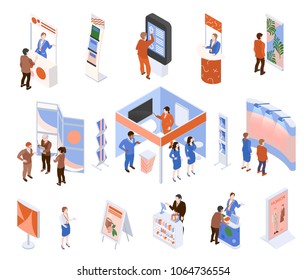 Isometric expo trade exhibition set with people looking at promotional stands isolated on white background 3d vector illustration