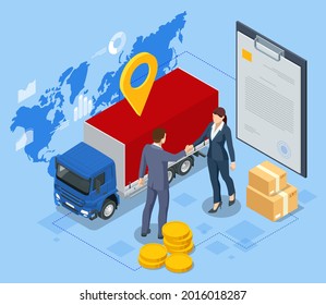Isometric Export and Import Business. Businessmen handshake at industrial container terminal. Global logistics network trucks transportation maritime shipping On-time delivery Vehicles