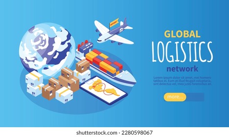 Isometric export import horizontal banner with editable text read more button and images of cargo logistics vector illustration