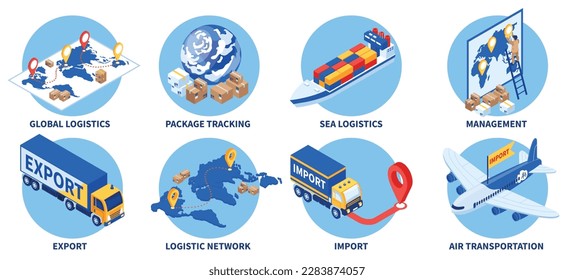 Isometric export import set of circle compositions with text captions cargo vehicles logistics management destination points vector illustration