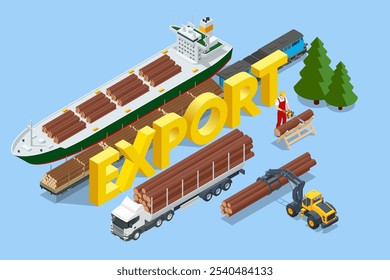 Isometric Exporting Wood. Global logistics network. Rail freight wood, cargo ship is being loaded with logs, Truck with trailer loaded with tree trunks