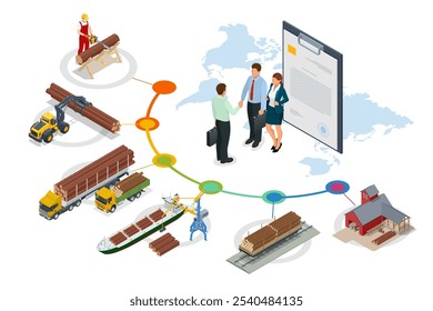 Isometric Exporting Wood. Global logistics network. Rail freight wood, cargo ship is being loaded with logs, Truck with trailer loaded with tree trunks