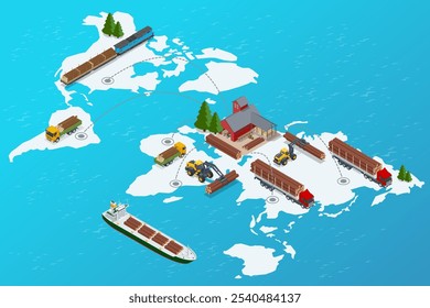 Isometric Exporting Wood. Global logistics network. Rail freight wood, cargo ship is being loaded with logs, Truck with trailer loaded with tree trunks.