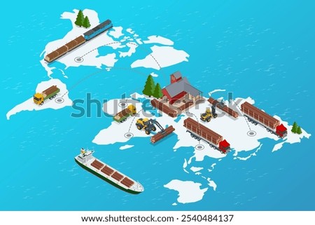 Isometric Exporting Wood. Global logistics network. Rail freight wood, cargo ship is being loaded with logs, Truck with trailer loaded with tree trunks.