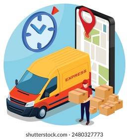 isometric express courier with parcels and delivery van. Express mail courier delivery services. worker holding cardboard box in hands send to customer on time.