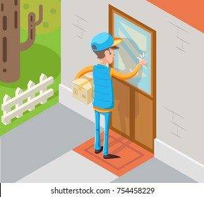 Isometric Express Courier Special Delivery Boy Man Messenger Cardboard Box Concept Knocking at Customer Door Wall Background Retro Cartoon Design Vector Illustration