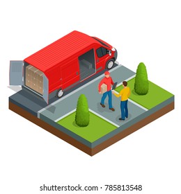 Isometric Express Delivery concept. Man accepting a delivery of boxes from a deliveryman. Vector illustration