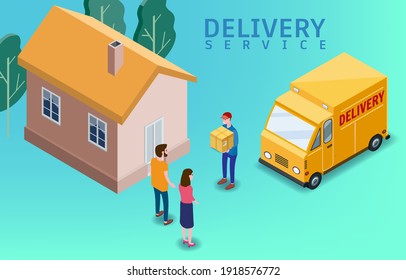 Isometric Express and Delivery. Courier shipping to couple woman and man a cardboard box. Free shipping, product goods 24 hour delivery. Delivery truck van, home, 3d vector isometric illustration